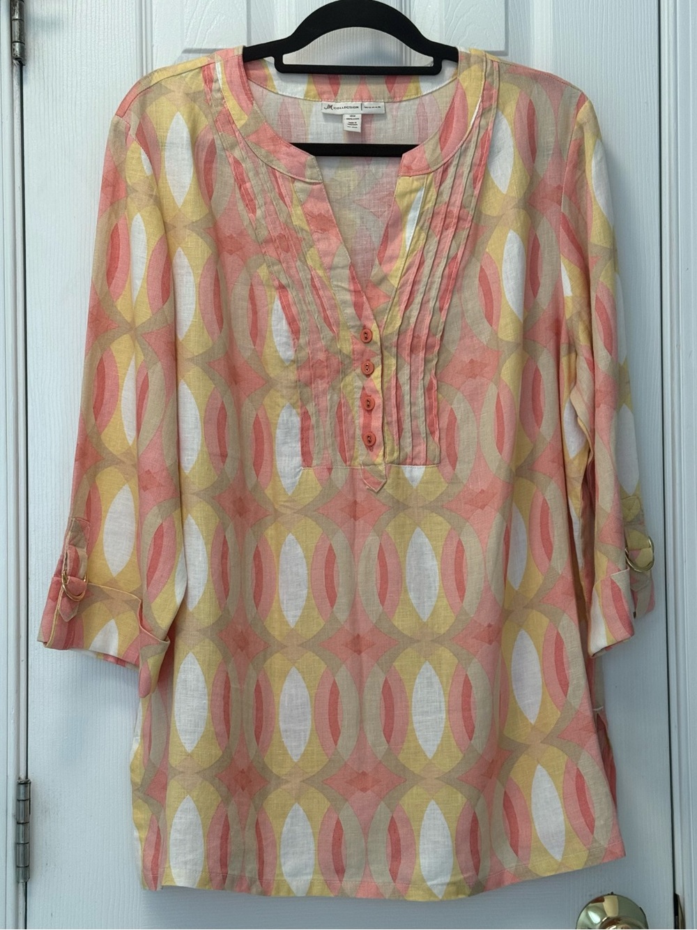 JM Collection Coral, Harvest Yellow & Beige Patterned Pintuck Tunic 18W